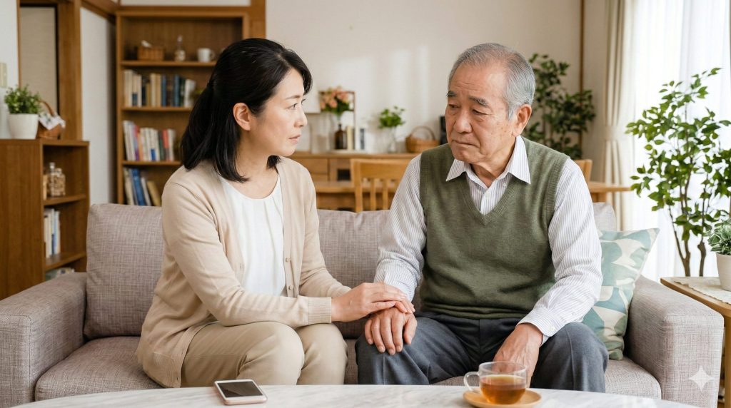 実家でソファに並んで座り、娘が80歳の父親の手を握りながら親身になって話しかける、家族の話し合いの様子。介護のプロが伝える、自尊心を傷つけない説得のイメージ。