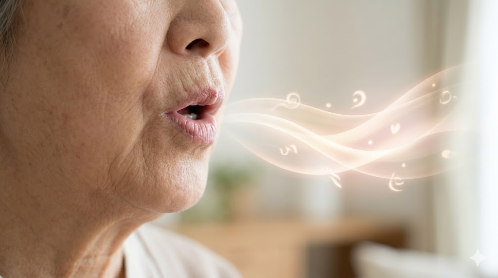 声を発している様子を、抽象的な光の波で表現し、「切実なサイン」であることを視覚化している。