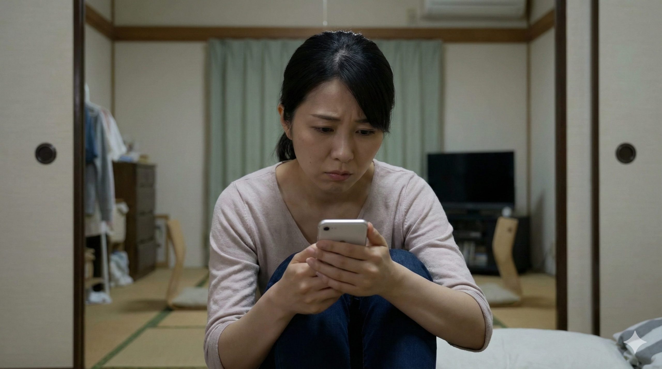暗い部屋でスマートフォンを見つめ、不安な表情で悩む日本人女性。