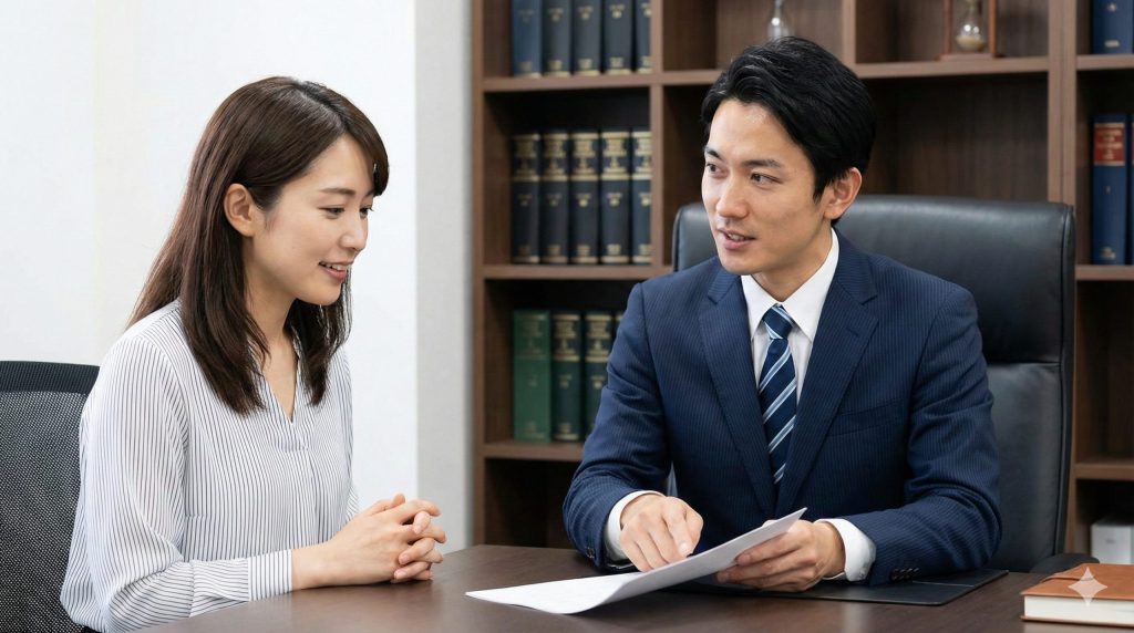 法律事務所で弁護士の男性から書類の説明を受け、安堵した表情を見せる日本人女性