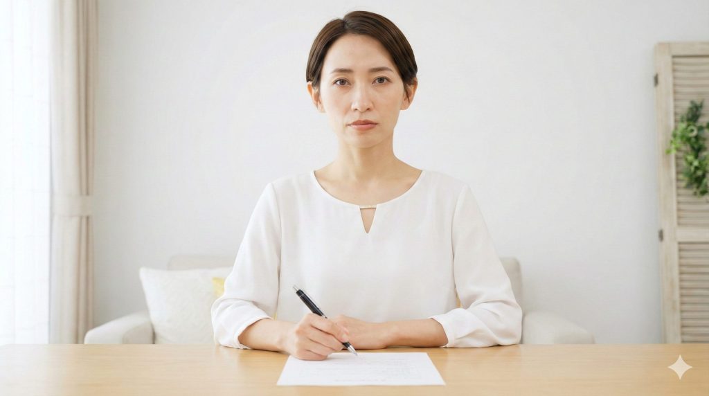 自宅のテーブルで毅然とした表情で書類にペンを走らせる、決意を秘めた日本人女性。
