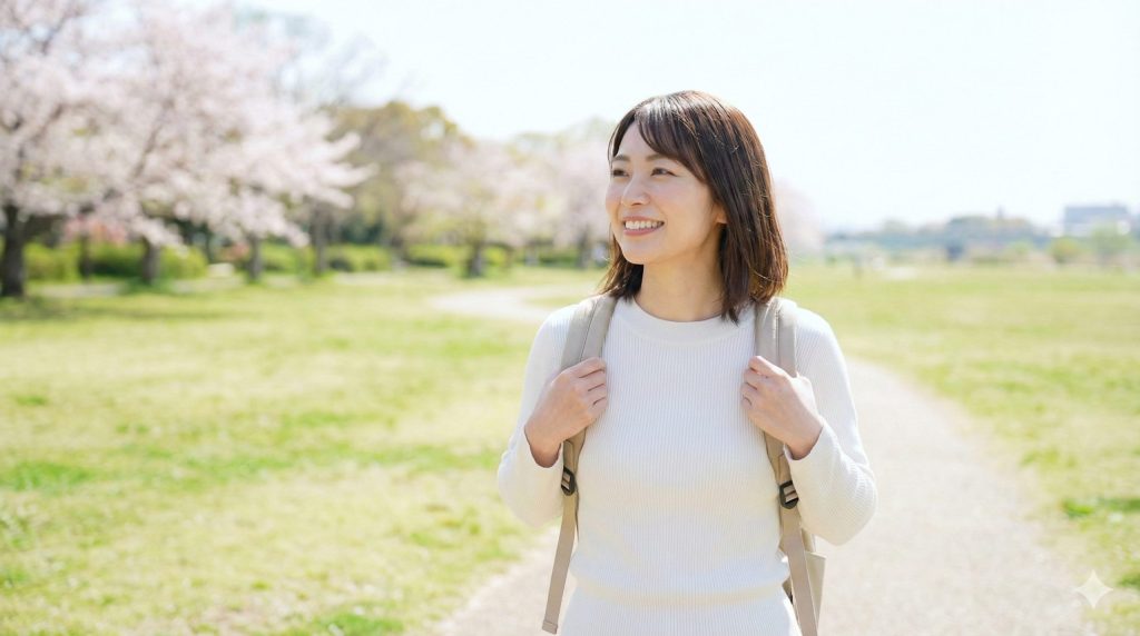 桜が咲く公園を、解放感に満ちた笑顔で歩く、新しい人生を踏み出した日本人女性。