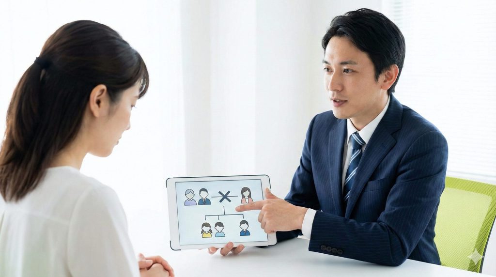 法律の専門家がタブレット上の家系図アイコンと「×」印を用いて、嫁には義理の親の介護義務がないことを視覚的に説明している様子。