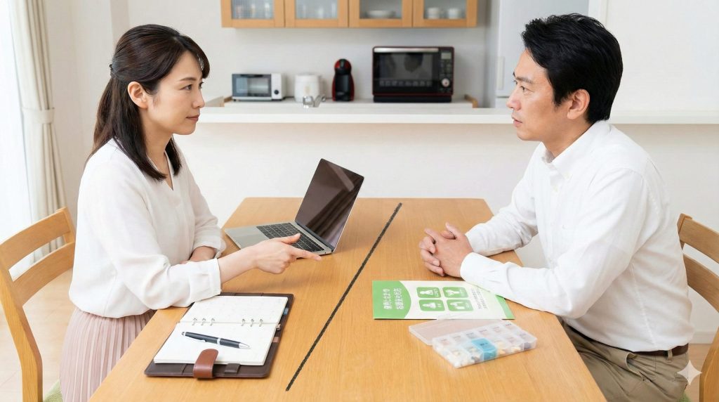 夫婦がテーブルで向き合い、妻が自分の仕事道具と夫側の介護用品の間にある境界線を示しながら、介護の役割分担について明確な線引きを提案している様子。