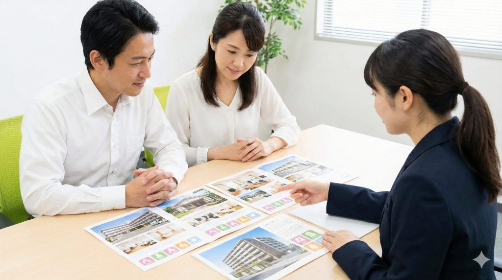 ケアマネジャーと家族が、文字情報がなく写真とアイコンのみが掲載された資料を見ながら、複数の老人ホームや介護施設を比較検討している相談風景。