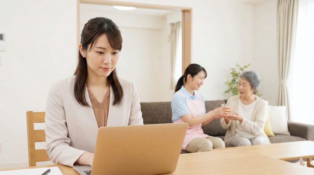 手前でノートパソコンに向かい仕事をしている女性と、その背景でプロのヘルパーが高齢の義母のケアをしている様子。介護離職をせず、プロの力を借りて仕事と介護を両立させているイメージ。