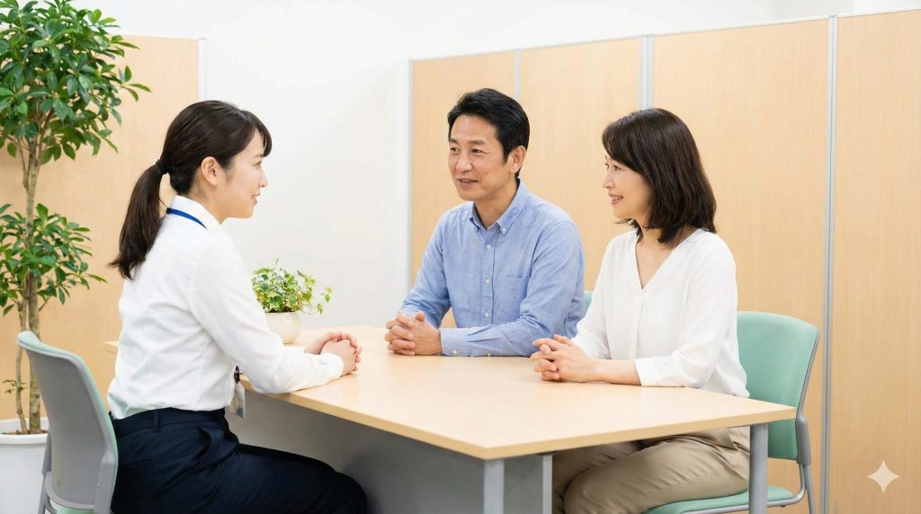 地域包括支援センターの相談窓口で、専門の職員が夫婦の介護に関する悩みを親身になって聞いている様子。文字情報はなく、安心して相談できる雰囲気が伝わる。