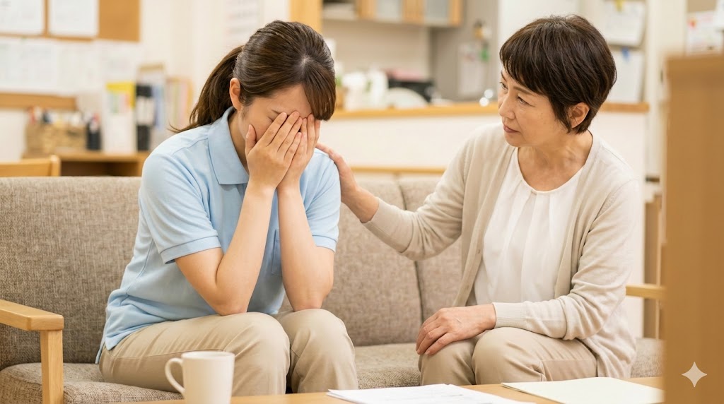 誤薬事故で落ち込み、顔を覆う日本人介護職の女性を、隣の同僚が優しく慰める様子