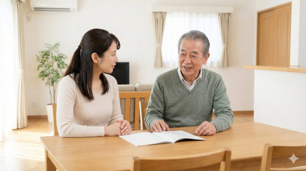 リビングのテーブルで冊子を広げ、穏やかな表情で将来について話し合う高齢の父親と大人の娘。
