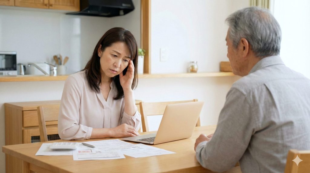親の介護に関する書類やパソコンを前に、頭を抱えて悩んでいる日本人女性と、その向かいに座る高齢の父親の様子。