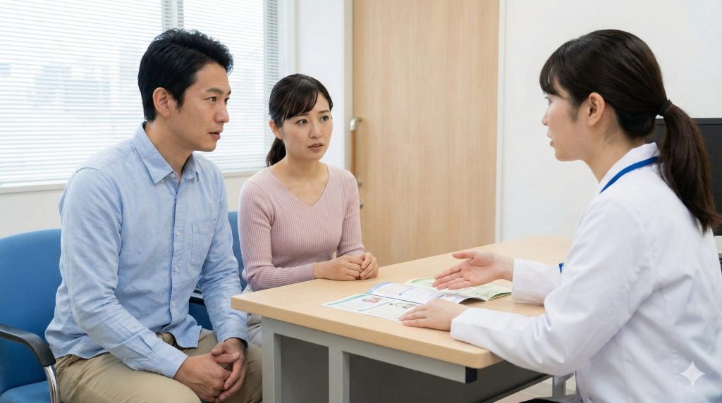 病院内の相談室で、困った様子の夫婦が医療ソーシャルワーカー(MSW)に相談している様子。MSWは資料を指し示しながら親身に話を聞いている。