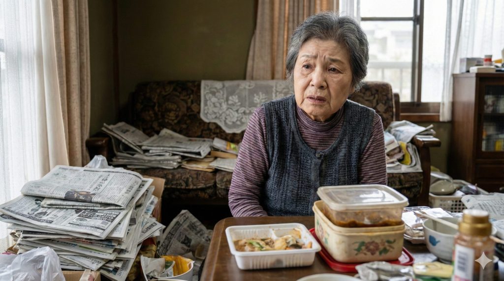 遠距離介護の限界を示す、ゴミや新聞が散乱した実家で一人佇む高齢女性の様子