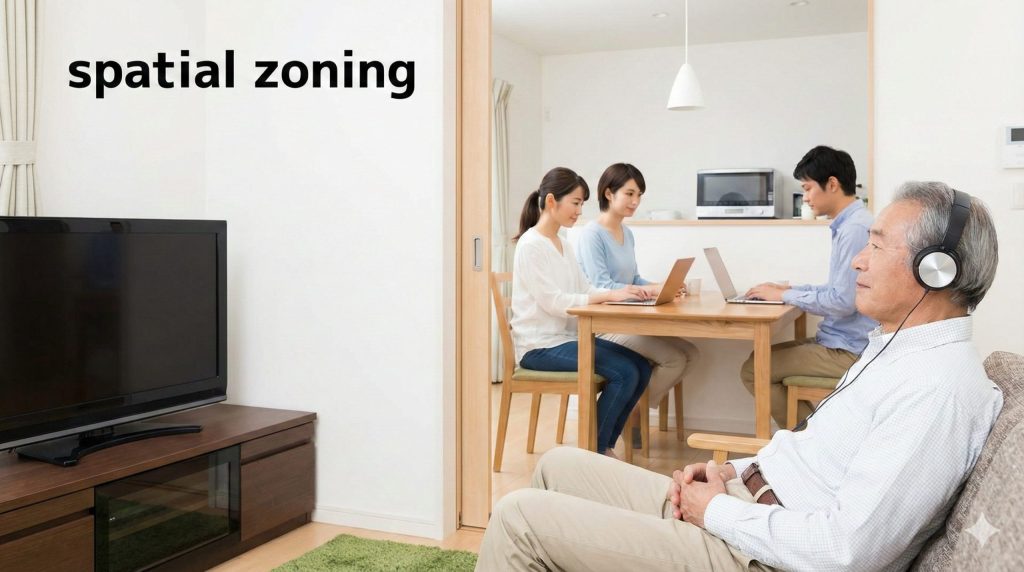 親との同居ストレスを軽減するための空間ゾーニング。リビングを仕切り、高齢者がヘッドホンでテレビを見る様子
