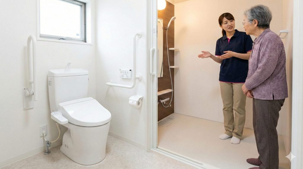 介護保険適用のバリアフリーリフォーム事例。手すりが設置されたトイレと段差のない浴室を専門家が高齢者に説明している