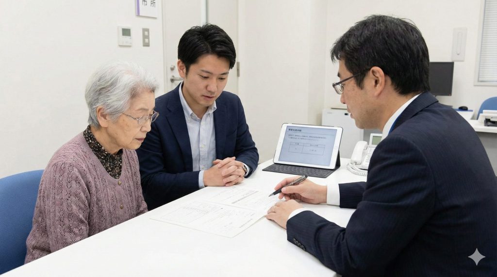 役所の窓口で世帯分離について相談する高齢の母親と息子の様子