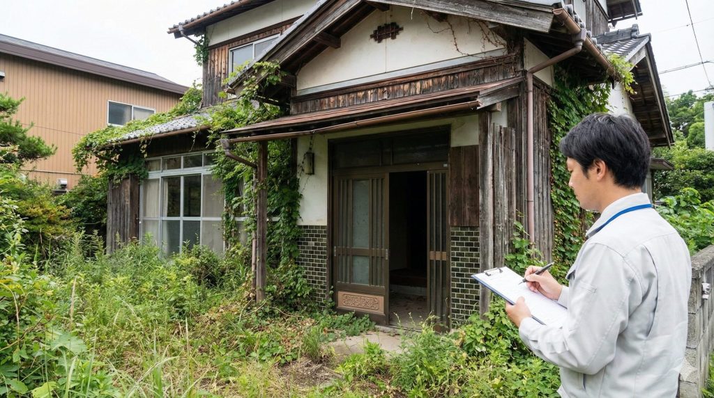 放置されて草木に覆われた実家（空き家）と、その状況を調査する管理代行サービスの担当者