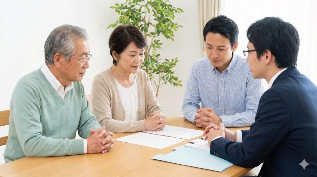 弁護士や司法書士などの専門家を交えて家族信託について話し合う高齢の両親と息子の様子