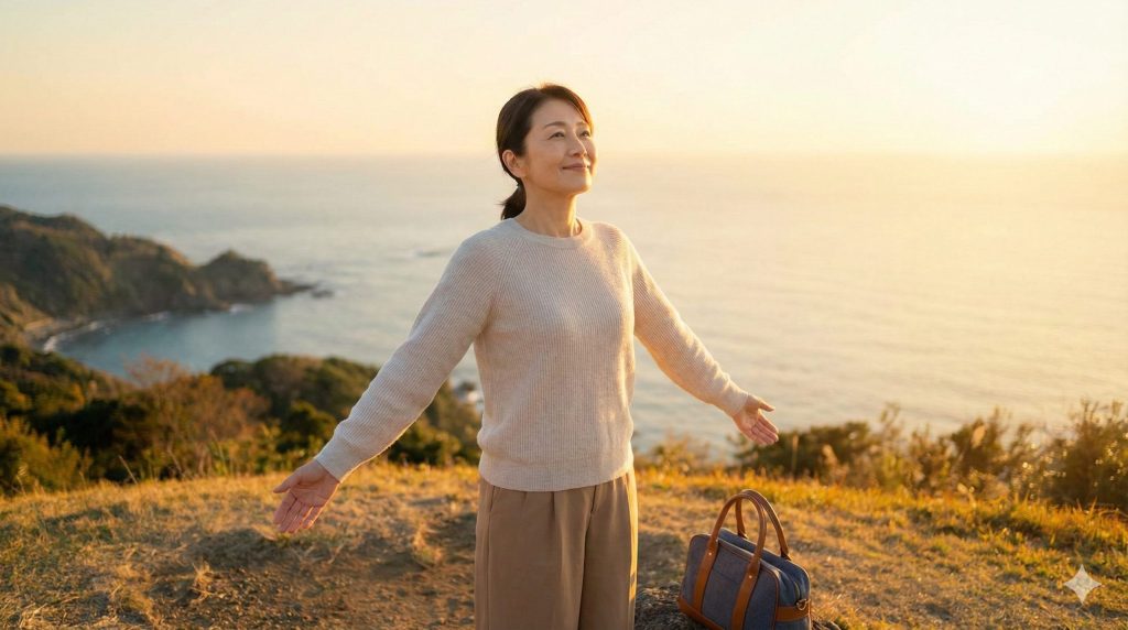 夕暮れの美しい海岸線を見下ろす丘で、介護から解放された安堵と未来への希望に満ちた穏やかな笑顔で、両手を広げて深呼吸をする中年の日本人女性。足元には小さな旅行鞄があり、新しい旅立ちを象徴している。