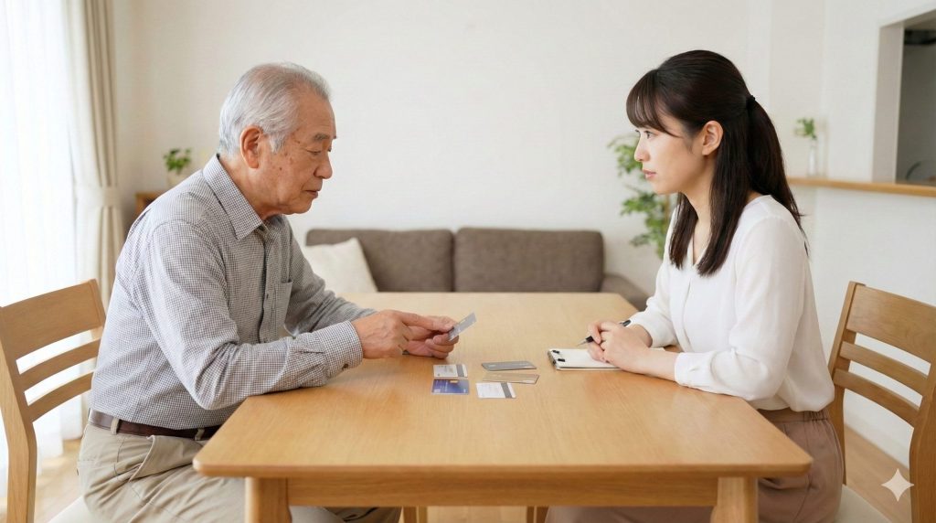 高齢の父親と娘が食卓でクレジットカードを広げ、今後の利用について話し合っている様子。