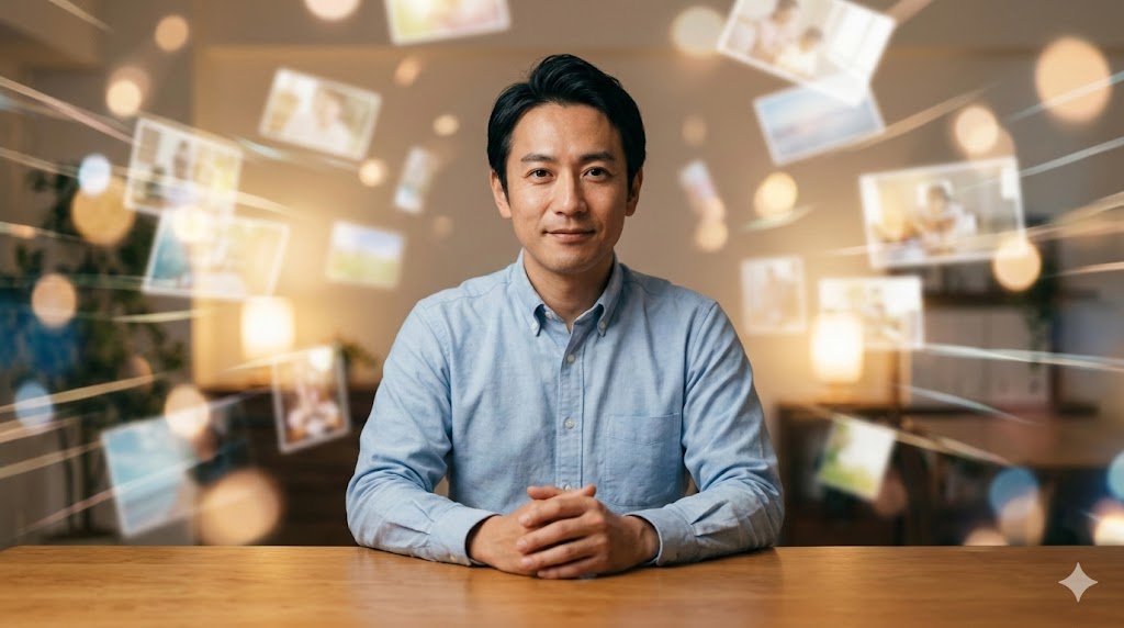 過去の記憶に思いを馳せるケアマネジャーのイメージ画像。記憶の重なりを象徴する背景と温かみのある対話の雰囲気。