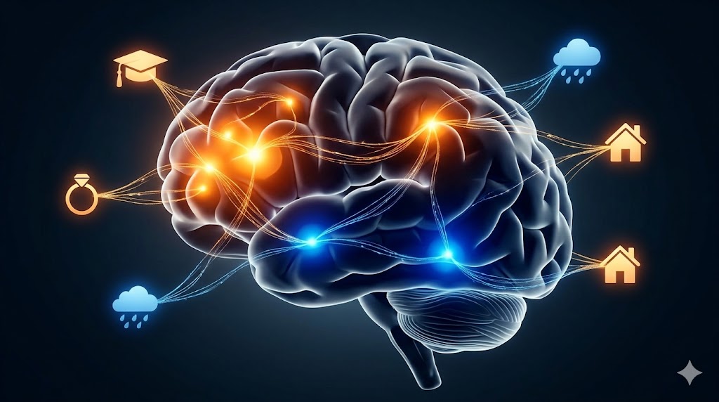 感情（喜びや悲しみ）と個人の体験記録（自伝的記憶）が強く結びついていることを示す概念図。