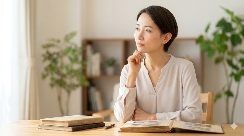 窓辺のデスクで、古いアルバムを前に遠くを見つめ、過去を静かに振り返る女性。昔の記憶が薄い原因を考える様子。
