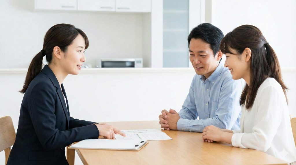 ケアマネジャーなどの専門家を交えて、家族が落ち着いて話し合いをしている様子。