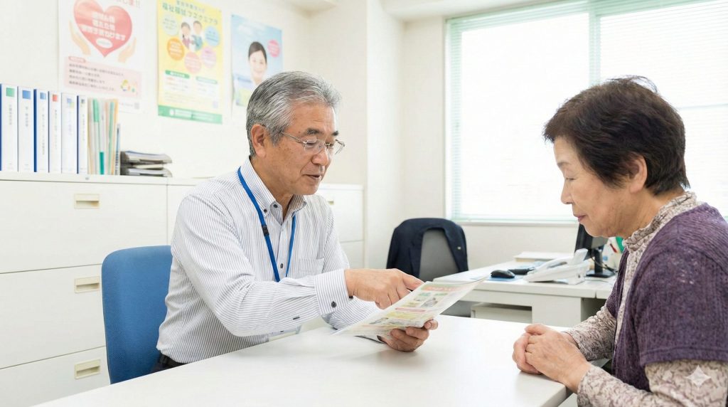 日本のケアマネージャー事務所で、ベテラン男性ケアマネージャーが、高齢女性の相談者に資料を見せながら穏やかに説明している様子。