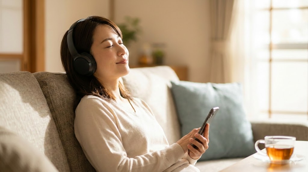 自宅のリビングでヘッドホンを着用し、目を閉じてリラックスしながらスマートフォンで音楽を聴く日本人女性。