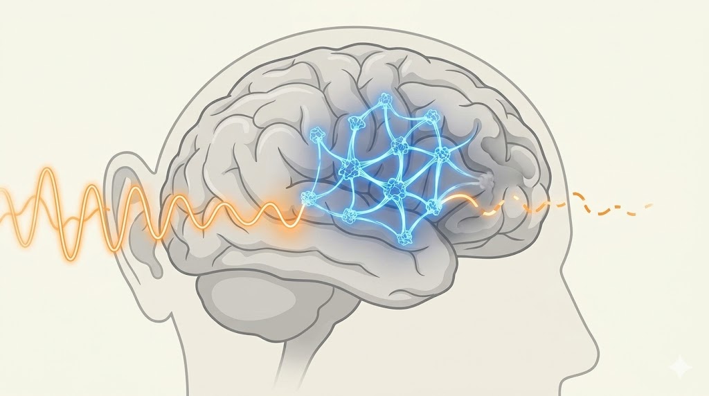 難聴によって脳への音刺激が減り、聴覚を処理する脳の部位が萎縮していくメカニズムを表現した医学的概念図。