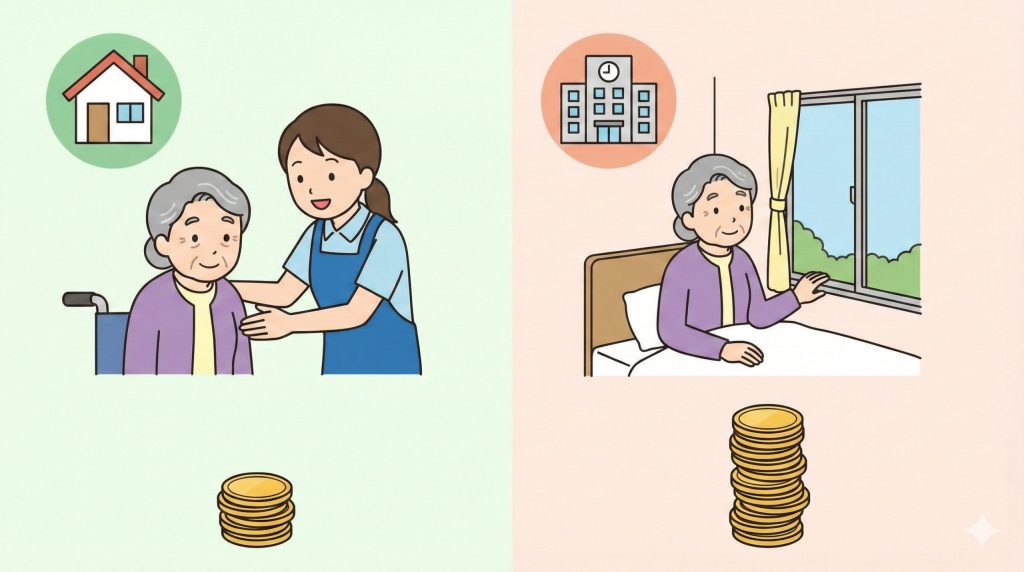 在宅介護と施設介護の様子を対比させ、施設介護の方が費用負担が大きいことを貨幣のイラストで示した比較図。