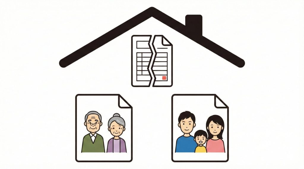 同じ家屋に居住しながら、住民票上の世帯を親世帯と子世帯の二つに分ける「世帯分離」の仕組みを示す概念図。