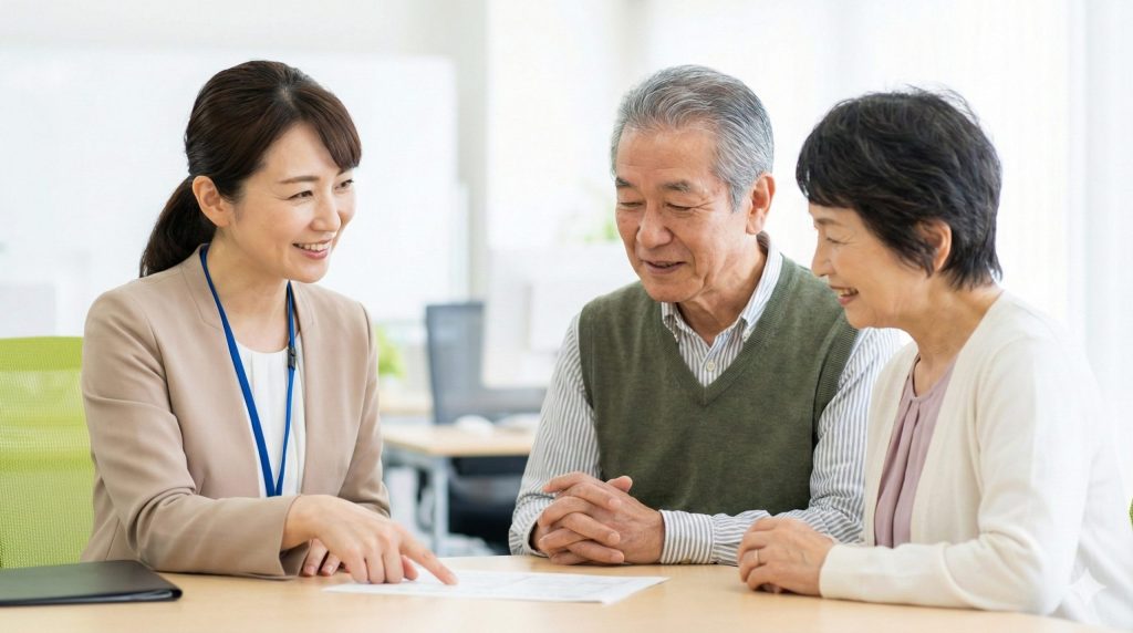 地域包括支援センターでケアマネジャーに介護費用の相談をし、安心した表情を見せる高齢者夫婦の写真。
