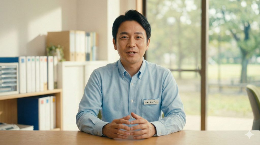 うつ病で親の介護に悩む読者に語りかける、温和な表情の日本人ケアマネージャー「あつし」のポートレート写真。相談しやすい雰囲気を伝える。