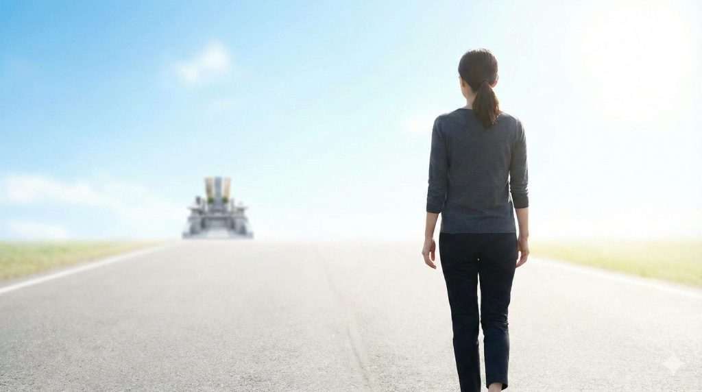 義実家の墓から離れ、明るい一本道を一人で歩き出し、死後離婚によって新たな人生をスタートさせるアジア人の女性の後ろ姿。