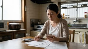 5080問題と兄弟の扶養義務について悩み、家計簿や書類を前に不安な表情を浮かべる日本人女性。将来の経済的な共倒れを心配している。