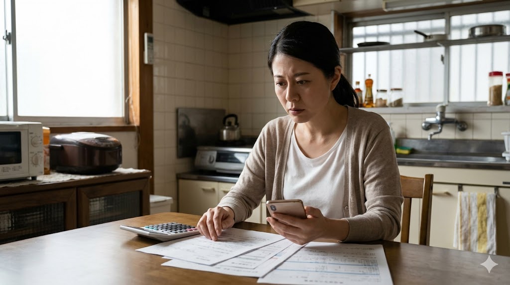 5080問題と兄弟の扶養義務について悩み、家計簿や書類を前に不安な表情を浮かべる日本人女性。将来の経済的な共倒れを心配している。