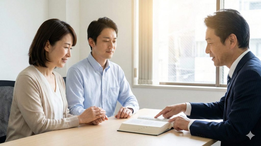 福祉事務所の相談窓口で、ケースワーカーから生活保護申請時の「扶養照会」に関する新しい運用基準について説明を受ける日本人女性。兄弟への連絡を不安視している。