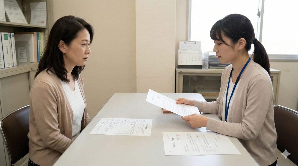 異なる世帯として記載された2通の住民票（イメージ）。奥では日本人女性が高齢の父親と将来の介護費用や世帯分離のメリットについて相談している。