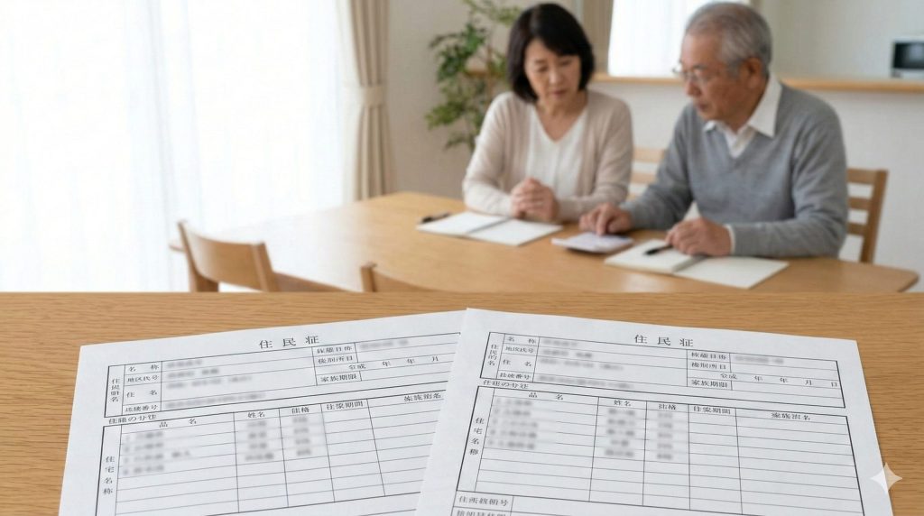 司法書士の立ち会いのもと、高齢の父親が家族信託（民事信託）の契約書に署名捺印する様子。息子と娘（日本人女性）が寄り添い、親の認知症による口座凍結に備えている。