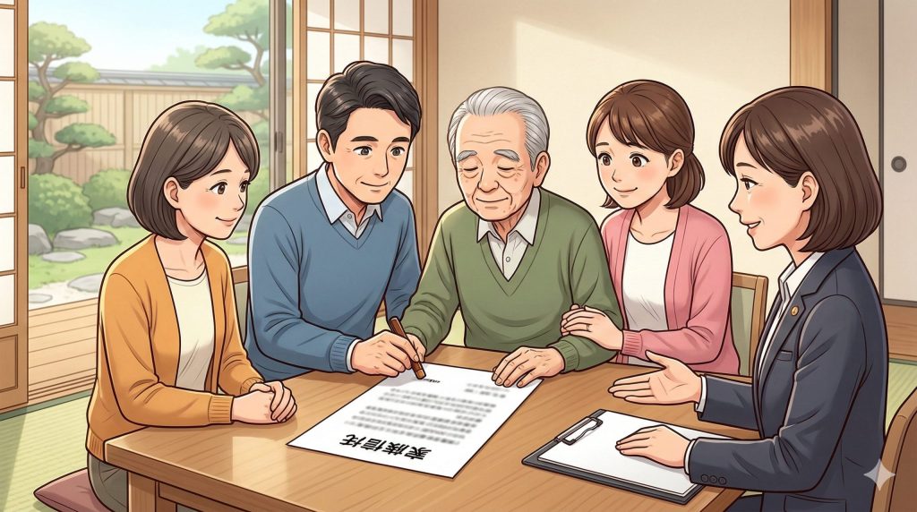 自立相談支援センターの相談員（日本人女性）が、ひきこもりの男性（30代）の手にそっと手を添え、優しく微笑みかけている。隣では日本人女性が温かい眼差しで見守っている。家族としての早期相談を促すイメージ