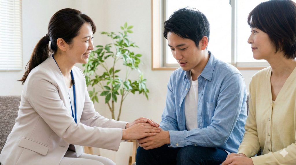 晴れた日の午後、庭で高齢の父親と笑顔でガーデニングを楽しむ日本人女性。適切な制度利用と専門家との連携により、安心感に包まれた生活を想起させるイメージ。