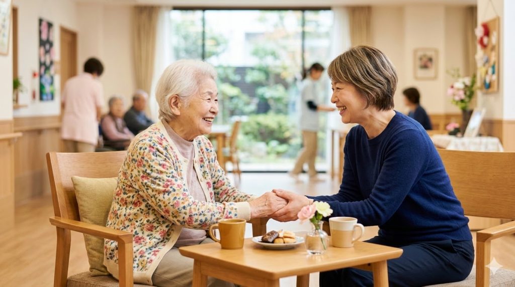明るいデイサービスの面会スペースで、笑顔で対面し語り合う日本の高齢女性と、その手を優しく包み込む娘の様子