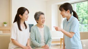 デイサービス施設の見学でスタッフから笑顔で説明を聞く親子