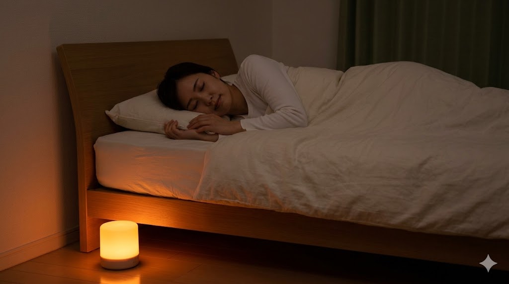 主照明を消した寝室で、足元を照らす暖色系のフットライトだけが点灯し、日本人女性が穏やかに眠っている様子。