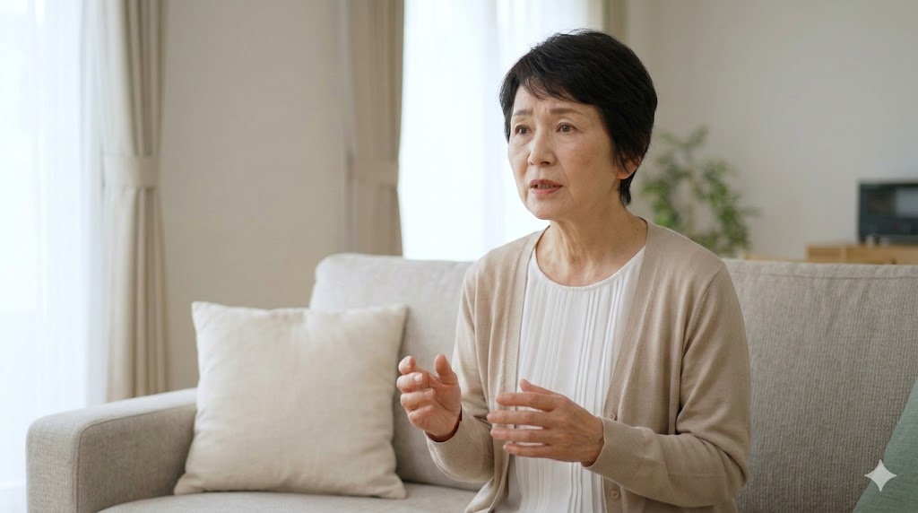 リビングのソファに一人で座り、誰もいない空間に向かって不安げな表情で話しかける日本人高齢女性。認知症の症状としての独語（独り言）の様子。