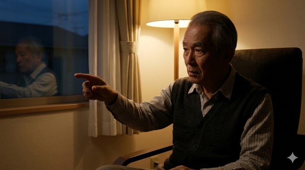 夕暮れ時の室内で、椅子の横の何もない空間を指差し、真剣な表情で話しかける日本人高齢男性。レビー小体型認知症に特徴的な幻視とそれに対する独語の様子。
