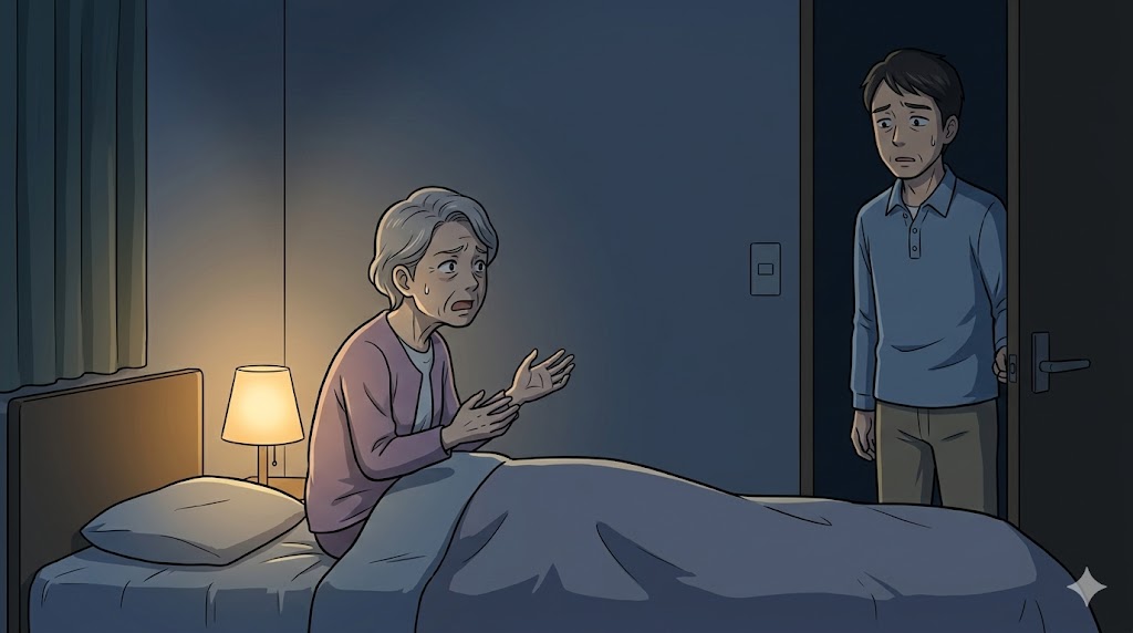 薄暗い夜の寝室で、ベッドの上に起き上がり、混乱した表情で暗闇に向かって大声で独語を続ける日本人高齢女性。夜間せん妄による症状の悪化と、戸口で心配そうに見守る家族（息子）。