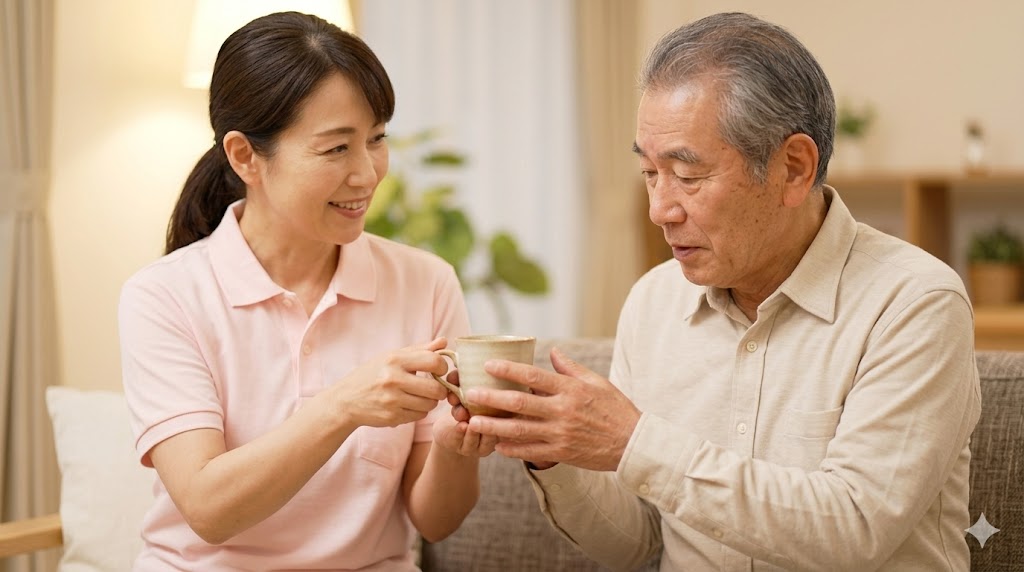 リビングで、独語が止まらない日本人高齢男性に対し、介護者の女性が温かい飲み物が入ったマグカップを笑顔で手渡す様子。食事を提供することで独語を一時的に止め、リラックスさせる対応策。