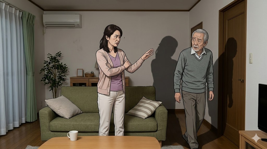 リビングで、歩き回る日本人高齢男性に対し、疲弊した表情の女性介護者が腕を組み、強い口調で「座ってて！」と制止する様子。スピーチロック（言葉による拘束）という避けるべきNG対応。
